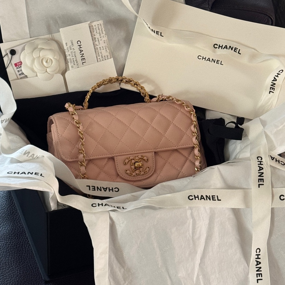Authentic CHANEL Pink Mini Flap Bag, Crystal Handle, Original Packaging +Receipt